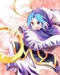 :d blue_eyes blue_hair blush capelet chikuwa_savi hair_intakes heart highres holding hood hoop kesa kumoi_ichirin open_mouth outstretched_arm robe smile solo touhou v-shaped_eyebrows 