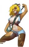 2016 anthro blonde_hair clothed clothing cougar feline female hair lost-paw mammal shorts simple_background skimpy solo white_background 