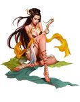  1girl ankle_lace-up barefoot_sandals bracelet breasts cleavage jewelry large_breasts looking_at_viewer red_lips simple_background sitting snake solo very_long_hair white_background xiangxiang_lu 