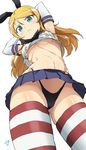  :c armpits arms_up black_panties blonde_hair blue_eyes blush breasts commentary_request cosplay cowboy_shot crotch elbow_gloves foreshortening from_below gloves hair_ribbon highleg highleg_panties kantai_collection kousaka_kirino long_hair looking_at_viewer midriff miniskirt navel no_bra ore_no_imouto_ga_konna_ni_kawaii_wake_ga_nai panties pleated_skirt ribbon school_uniform serafuku shift_(waage) shimakaze_(kantai_collection) shimakaze_(kantai_collection)_(cosplay) skirt small_breasts solo striped striped_legwear thighhighs thighs underboob underwear upshirt upskirt v-shaped_eyebrows white_gloves 