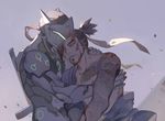  cyborg genji_(overwatch) hanzo_(overwatch) hug injury overwatch scabbard sheath siblings tattoo thanatos-ta 