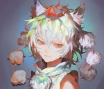  albino animal_ears blue_background closed_mouth face gradient gradient_background hat inubashiri_momiji looking_to_the_side pom_pom_(clothes) portrait red_eyes shinigami_wyvern shirt short_hair solo tokin_hat touhou white_hair wolf_ears 