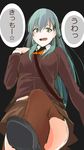  ascot bangs commentary_request from_below green_eyes green_hair hair_ornament hairclip hand_on_shoulder highres jacket kantai_collection kasyo leg_up long_hair miniskirt open_mouth school_uniform shoes sketch skirt solo star suzuya_(kantai_collection) thighhighs translated 