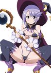  bare_shoulders bikini bikini_warriors black_bikini black_legwear blush bow bowtie breasts cameltoe cape cleavage commentary_request crescent detached_sleeves hat hera_(hara0742) highres large_breasts lavender_eyes lavender_hair looking_at_viewer mage_(bikini_warriors) navel purple_bow purple_neckwear shiny shiny_skin short_hair smile solo spread_legs staff star string_bikini sweat swimsuit thighhighs underboob witch_hat wrist_cuffs 