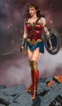  armor artist_name brown_eyes brown_hair dawn_of_justice dc_comics dccu deviantart diana_prince forehead_protector full_body pteruges shield shiny_hair shiny_skin solo strapless sword vambraces watermark weapon wonder_woman 