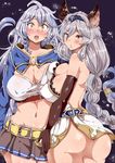  :o animal_ears ass backless_outfit belt blush braid breasts brown_eyes cleavage cowboy_shot erune granblue_fantasy heles highres large_breasts long_hair midriff multiple_girls open_mouth silva_(granblue_fantasy) silver_hair skirt twin_braids yac_(mokkori) yellow_eyes 