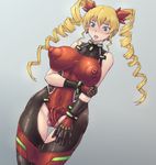  bare_shoulders black_gloves blonde_hair blue_eyes blush breasts claire_harvey covered_navel drill_hair earrings erect_nipples flaccid futanari gloves grey_background highres hundred jewelry large_breasts long_hair mahou-ya open_mouth penis puffy_nipples shiny_clothes shiny_hair solo testicles twin_drills uncensored 