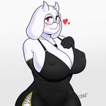  &lt;3 2016 anthro big_breasts blush breasts caprine clothed clothing drazelle_(artist) eyewear fangs female fur glasses gloves goat hair hi_res horn jewelry long_ears looking_at_viewer makeup mammal necklace nipples simple_background smile solo thick_thighs tight_dress toriel undertale video_games white_fur 