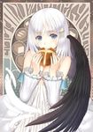  bare_shoulders black_wings blue_eyes bread breasts cleavage criss-cross_halter detached_sleeves dress eyebrows eyebrows_visible_through_hair feathered_wings feathers food food_on_face frilled_sleeves frills hair_ornament hairclip halterneck highres holding holding_food long_hair looking_at_viewer medium_hair official_art panis_angelicus shining_(series) shining_ark silver_hair single_wing small_breasts smile solo star tanaka_takayuki upper_body white_dress white_hair wings 