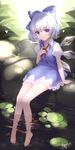  animal arm_at_side artist_name bare_legs barefoot blue_bow blue_dress blue_eyes blue_hair bow bug butterfly cirno closed_mouth collared_shirt crystal dappled_sunlight dated detached_wings dress eyebrows eyebrows_visible_through_hair hand_on_own_chest ice ice_wings insect kyuri_tizu lily_pad looking_at_viewer melting outdoors puffy_short_sleeves puffy_sleeves red_ribbon ribbon shirt short_dress short_hair short_sleeves signature smile soaking_feet solo sunlight touhou white_shirt wing_collar wings 