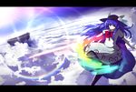  above_clouds apron backlighting bangs blue_hair blue_skirt blue_sky day floating food fruit hat hinanawi_tenshi holding holding_sword holding_weapon lens_flare long_hair looking_at_viewer open_mouth peach perspective rainbow_order red_eyes shiny shiny_hair shirokku_(shirock8) shirt short_sleeves skirt sky solo sword sword_of_hisou touhou weapon white_shirt wind 