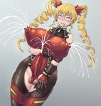  ahegao black_gloves blonde_hair blue_eyes blush breasts claire_harvey clenched_teeth covered_navel cum drill_hair earrings erect_nipples erection futanari gloves grey_background highres huge_breasts hundred jewelry lactation long_hair mahou-ya penis puffy_nipples saliva shiny_clothes shiny_hair solo tears testicles twin_drills uncensored veiny_penis 
