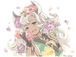  :d animal_ears black_gloves blush breasts cat_ears erune fang flower gloves granblue_fantasy green_eyes grey_hair hair_flower hair_ornament hoshikuzushi large_breasts long_hair looking_at_viewer nemone open_mouth petals sideboob simple_background smile solo strap twitter_username white_background 