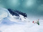  2019 absurd_res black_hair blue_eyes digital_media_(artwork) dragon ear_piercing feral hair hi_res horn nashiholy piercing snow snowing solo 