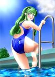  absurdres ass blue_eyes blue_swimsuit commentary_request competition_swimsuit eyeshadow green_hair highleg highres horns long_hair lum makeup nanao_futaba one-piece_swimsuit oni partially_submerged pointy_ears pool pool_ladder poolside reflection shiny shiny_clothes solo swimsuit urusei_yatsura water wet wet_clothes wet_swimsuit 