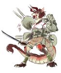  anthro armor breasts chest_tuft clothed clothing dragon female hair horn inner_ear_fluff melee_weapon open_mouth ranged_weapon skirt solo tuft weapon 鷹月ナト（元月鷹毘） 
