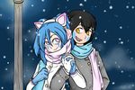  animal_humanoid azzy black_hair blue_hair blush cat_humanoid cavox coat ear_muffs feline female hair holding_(disambiguation) human humanoid invalid_tag lyra_belle male mammal night scarf smile snow 