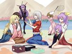  animal_ears black_hair blonde_hair brown_hair bunny_ears houraisan_kaguya inaba_tewi long_hair multiple_girls open_mouth ponytail purple_hair red_eyes reisen reisen_udongein_inaba shamisen_(syami_sen) short_hair silver_hair sitting touhou watatsui_no_toyohime watatsuki_no_toyohime watatsuki_no_yorihime yagokoro_eirin yellow_eyes 