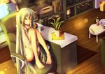  aqua_eyes aqua_hair barefoot blush book bright_(long-ago) chair coffee_mug cup desk hatsune_miku indoors keyboard_(computer) lamp long_hair looking_at_viewer monitor mug office_chair plant potted_plant solo speaker thighs trash_can twintails vocaloid 