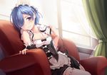  apron blue_eyes blue_hair blush breasts cleavage collarbone couch curtains detached_sleeves eyebrows hair_over_one_eye hair_ribbon indoors looking_at_viewer maid maid_headdress ouka_(ra-raradan) re:zero_kara_hajimeru_isekai_seikatsu rem_(re:zero) ribbon short_hair sitting small_breasts smile solo thighhighs white_legwear window zettai_ryouiki 