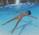  afloat barefoot bikini black_hair blue breasts c-string closed_eyes dark_skin full_body fushigi_no_umi_no_nadia messy_hair nadeara_bukichi nadia outstretched_arms shadow short_hair small_breasts solo spread_arms spread_legs strapless swimming swimsuit tubetop twitter_username water waterfall 