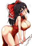  :o alternate_costume ass bare_shoulders bent_over black_hair blue_eyes blush bow breasts brown_hair china_dress chinese_clothes cleavage cleavage_cutout commentary_request cowboy_shot dress flying_sweatdrops gohei hair_bow hair_tubes hakurei_reimu head_tilt highres large_breasts looking_at_viewer n_(dai_n_honpo) no_panties open_mouth pelvic_curtain ponytail red_bow shiny shiny_skin sleeveless solo thighs touhou white_background wide_hips 
