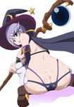  :o ass back bare_shoulders bikini bikini_warriors black_bikini blush breasts butt_crack cape commentary_request crescent detached_sleeves from_behind hat hera_(hara0742) highres large_breasts lavender_eyes lavender_hair looking_at_viewer looking_back mage_(bikini_warriors) open_mouth short_hair sideboob sitting solo staff star string_bikini swimsuit wariza white_background witch_hat wrist_cuffs 
