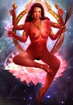  artist_name bracelet breasts earrings extra_arms flower goddess halo hinduism jewelry large_breasts long_hair looking_at_viewer lotus multiple_arms nude pubic_hair realistic red_skin solo space star_(sky) sugarcane uncensored xiangxiang_lu 