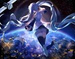 absurdly_long_hair backlighting blue_hair boots detached_sleeves from_behind hatsune_miku highres long_hair panties pino_ko planet satellite skirt solo space thigh_boots thighhighs twintails underwear very_long_hair vocaloid 