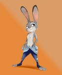  2016 abstract_background anthro breasts clothed clothing disney female lagomorph mammal pants purple_eyes rabbit small_breasts smile solo standing topless zigrock001 
