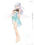  altina_(shining_blade) bare_legs bare_shoulders barefoot blue_eyes breasts full_body hair_ornament half_updo hand_on_own_chest highres long_hair looking_at_viewer medium_breasts navel navel_cutout one-piece_swimsuit pointy_ears shining_(series) shining_blade side-tie_swimsuit silver_hair simple_background solo standing standing_on_one_leg swimsuit tanaka_takayuki turtleneck underboob 
