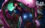  2016 absurdres artist_name ass back_cutout bent_over bodysuit breasts brown_hair controller ctrlz77 d.va_(overwatch) dated facial_mark from_behind gloves glowing headphones highres joystick long_hair looking_at_viewer looking_back mecha medium_breasts meka_(overwatch) open_mouth overwatch pilot_suit red_eyes shiny shiny_clothes skin_tight solo sticky_note whisker_markings white_gloves 
