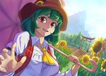  ascot david_hrusa dutch_angle elly field flower flower_field green_hair hat hat_ribbon highres kazami_yuuka long_sleeves looking_at_viewer mountain multiple_girls nature open_mouth parasol plaid plaid_vest puffy_sleeves red_eyes ribbon shirt smile solo_focus stairs sunflower torii touhou touhou_(pc-98) umbrella upper_body vest wriggle_nightbug 