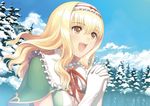  blonde_hair blue_sky bow breasts brown_eyes capelet cleavage cloud cloudy_sky collar day dress elmina_(shining_wind_x) forest frilled_shirt_collar frills gloves green_dress hairband hands_together highres large_breasts long_hair nature open_mouth pine_tree red_ribbon ribbon shining_(series) shining_wind shining_wind_x sky smile snow solo tanaka_takayuki tree upper_body white_gloves 