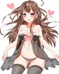  ahoge ass_visible_through_thighs babydoll black_legwear black_panties blush bow bowtie breasts brown_hair collarbone contrapposto double_bun eyebrows eyebrows_visible_through_hair groin heart heart-shaped_pupils highres kantai_collection kongou_(kantai_collection) large_breasts lingerie long_hair looking_at_viewer navel panties pikacchi pink_bow pink_neckwear purple_eyes see-through simple_background solo standing stomach symbol-shaped_pupils tareme thighhighs underwear very_long_hair white_background 