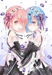  blue_eyes blue_hair detached_sleeves dress hair_ornament hair_over_one_eye looking_at_viewer maid multiple_girls open_mouth orange_eyes pink_hair ram_(re:zero) re:zero_kara_hajimeru_isekai_seikatsu rem_(re:zero) sayo short_hair siblings sisters twins 