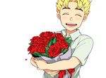  blonde_hair bouquet closed_eyes flower hirose_kouichi holding jojo_no_kimyou_na_bouken male_focus mikey_uo open_mouth petals rose rose_petals smile solo upper_body 