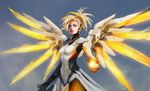  blonde_hair blue_eyes bodysuit breastplate eyeshadow lips makeup mechanical_halo mechanical_wings mercy_(overwatch) muju nose outstretched_hand overwatch pantyhose power_suit solo spread_wings wings work_in_progress yellow_wings 