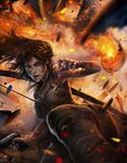  bow_(weapon) brown_eyes brown_hair crash dirty earth epic fire gun lara_croft long_hair plane realistic tomb_raider weapon 