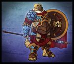  2016 anthro armor belly belly_overhang big_belly bronze brown_eyes canine claws clothed clothing dogger fur hi_res hoplite loincloth looking_at_viewer male mammal manly melee_weapon musclegut muscular muscular_male overweight overweight_male paladin pawpads polearm shield solo spartan spear standing turret_(artist) weapon 