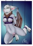  2016 anthro areola bat bdsm big_ears big_eyes bondage bound breasts chest_tuft clitoris cute ellise_the_bat female fluffy fur fuzzy green_eyes grey_fur looking_at_viewer mammal membranous_wings nipples nude oli_snowpaw open_mouth paws pussy simple_background solo spread_legs spreading tuft wings 