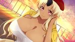  blonde_hair breasts cleavage dark_skin dress horn huge_breasts long_hair looking_at_viewer monster_girl monster_musume_no_iru_nichijou ogre red_eyes smile solo tionishia 