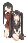  adjusting_another's_hair black_hair black_legwear blazer brown_skirt bunching_hair closed_eyes coupon_(skyth) hatsushimo_(kantai_collection) headband jacket kantai_collection long_hair mikuma_(kantai_collection) multiple_girls open_mouth pleated_skirt red_eyes remodel_(kantai_collection) ribbon school_uniform serafuku simple_background single_thighhigh skirt skirt_set thighhighs twintails very_long_hair white_background 