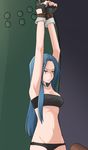  arms_up bad_id bad_pixiv_id bandeau bdsm black_panties blue_eyes blue_hair bound bound_wrists fingerless_gloves frown gloves hair_ornament hairclip highres kanna_bismarch log long_hair maru_(itukitann) navel panties rope shaman_king solo strapless underwear underwear_only 