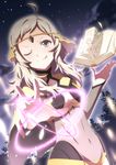  ahoge blonde_hair book breasts center_opening circlet cleavage covered_navel fire_emblem fire_emblem_if fuzuki_yuu magic_circle night one_eye_closed ophelia_(fire_emblem_if) small_breasts solo star_(sky) tongue tongue_out 