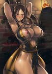  alternate_color armpits arms_behind_head bdsm blush breasts brown_eyes brown_hair clenched_teeth fatal_fury fire ge_xi highres huge_breasts japanese_clothes long_hair nipples no_panties pelvic_curtain ponytail restrained rope shiranui_mai skindentation solo sweat teeth the_king_of_fighters torn_clothes trembling 