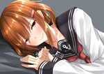  absurdres anchor_symbol bed_sheet blush brown_eyes brown_hair collarbone eyebrows eyebrows_visible_through_hair eyes_visible_through_hair fang_out go-1 hair_between_eyes hair_ornament hairclip highres ikazuchi_(kantai_collection) kantai_collection light_smile looking_at_viewer lying on_side school_uniform smile solo upper_body 
