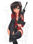  ;q a9b_(louis814) absurdres animal_ears breasts breda_30 brown_hair cleavage commentary_request dog_ears federica_n_doglio feet green_eyes gun highres large_breasts long_hair one_eye_closed open_clothes open_shirt shirt sitting solo thighhighs tongue tongue_out unbuttoned weapon world_witches_series 