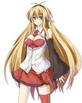  antenna_hair bare_shoulders blonde_hair blush breasts cleavage cleavage_cutout commentary_request cowboy_shot detached_sleeves flask_(pandora) green_eyes headphones highres long_hair long_sleeves looking_at_viewer medium_breasts necktie red_legwear red_neckwear red_skirt shirt simple_background single_thighhigh skirt smile solo tachi-e thighhighs tsurumaki_maki unzipped very_long_hair voiceroid white_background white_shirt wide_sleeves 