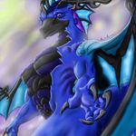  5_fingers anthro athletic beak blue_body blue_eyes breasts claws dragon female frill gradient_background horn muze-meister scales scalie simple_background solo watermark wings 